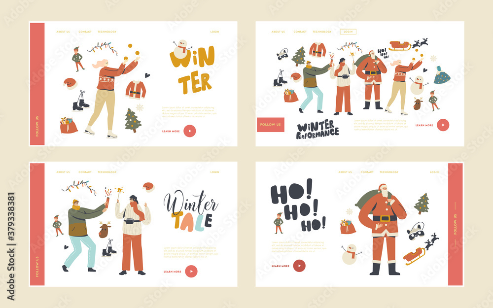 Xmas Family Event. New Year or Christmas Bash Landing Page Template Set. Happy Characters Celebrating Party Having Fun