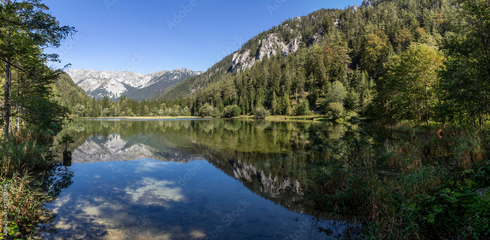 panoramic view mountain lake Duerrsee (Dürrsee)  near Seewiesen in Styria, Austria