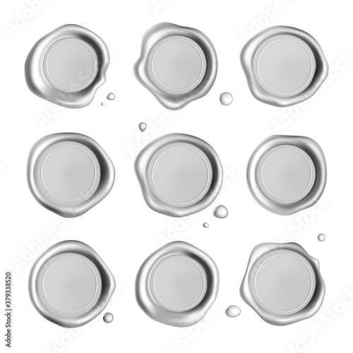 Silver wax seal stamp set isolated on white background. Realistic guaranteed stamps. Realistic 3d vector illustration