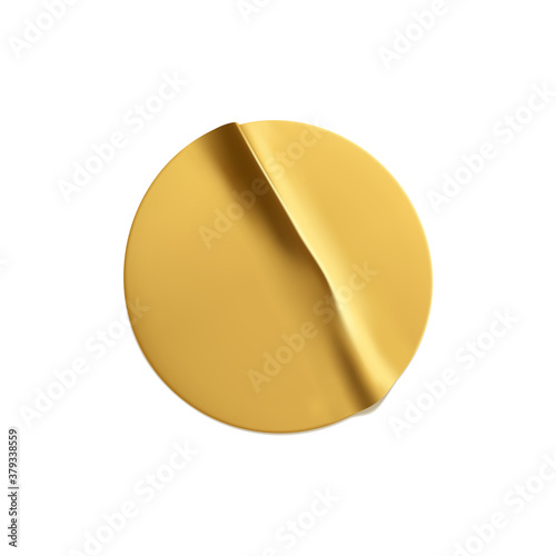 Gold round crumpled sticker mock up. Adhesive golden paper or plastic sticker label with glued, wrinkled effect on white background. Blank templates of a label or price tags. 3d realistic vector