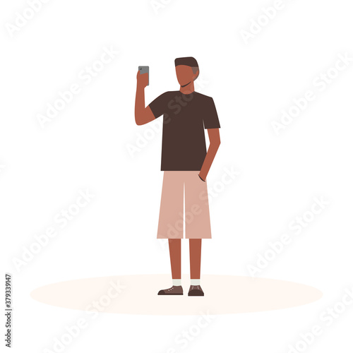 Black man holds a phone and take selfie. Flat cartoon character on isolated white background. Vector illustration