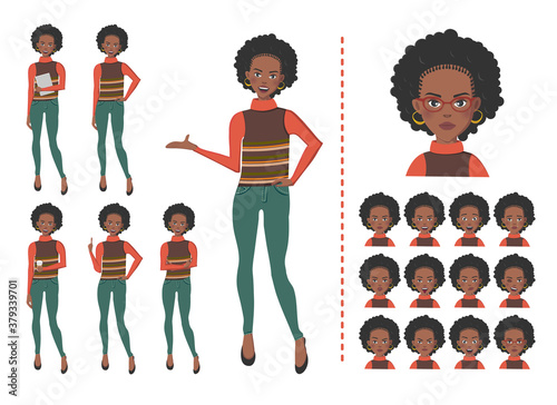 Young African woman with brunette hair in sweater and jeans. Different gestures isolated vector illustration with twelve facial expressions.