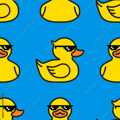 Rubber yellow duck in sunglasses. Seamless Pattern