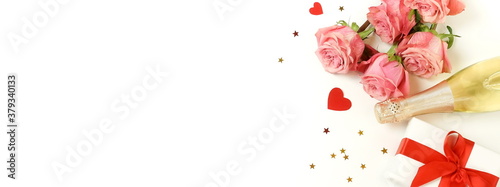Valentine's day, birthday background banner. Bouquet of pink roses flowers, g...