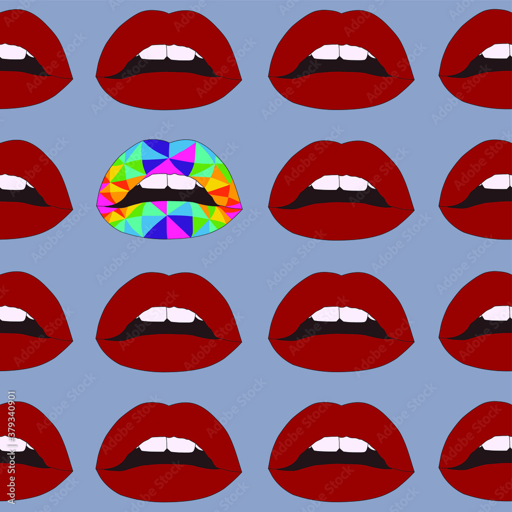 Realistic cartoon and geometric colorful lips seamless pattern template. Rainbow vector illustration for games, background, pattern, decor. Print for fabrics and other surfaces.