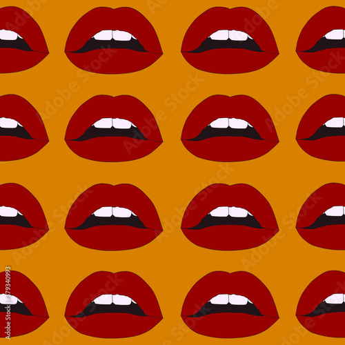 Realistic cartoon red lips seamless pattern template. Vector illustration for games, background, pattern, decor. Print for fabrics and other surfaces.