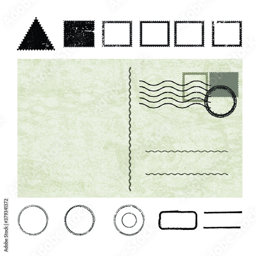Post Card illustration with post stamps and swirl elements . Vector