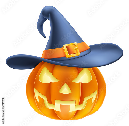 A pumpkin Halloween carved jack o lantern wearing a witchs hat cartoon