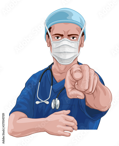 Obraz na plátně A nurse or doctor in surgical or hospital scrubs and mask pointing in a your cou