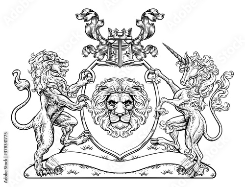 A crest coat of arms family shield seal featuring lions and unicorn horse with horn