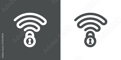 Conexión segura. Símbolo WiFi con ondas unidas con candado en fondo gris y fondo blanco
