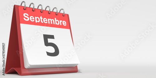 September 5 date written in French on the flip calendar page, 3d rendering