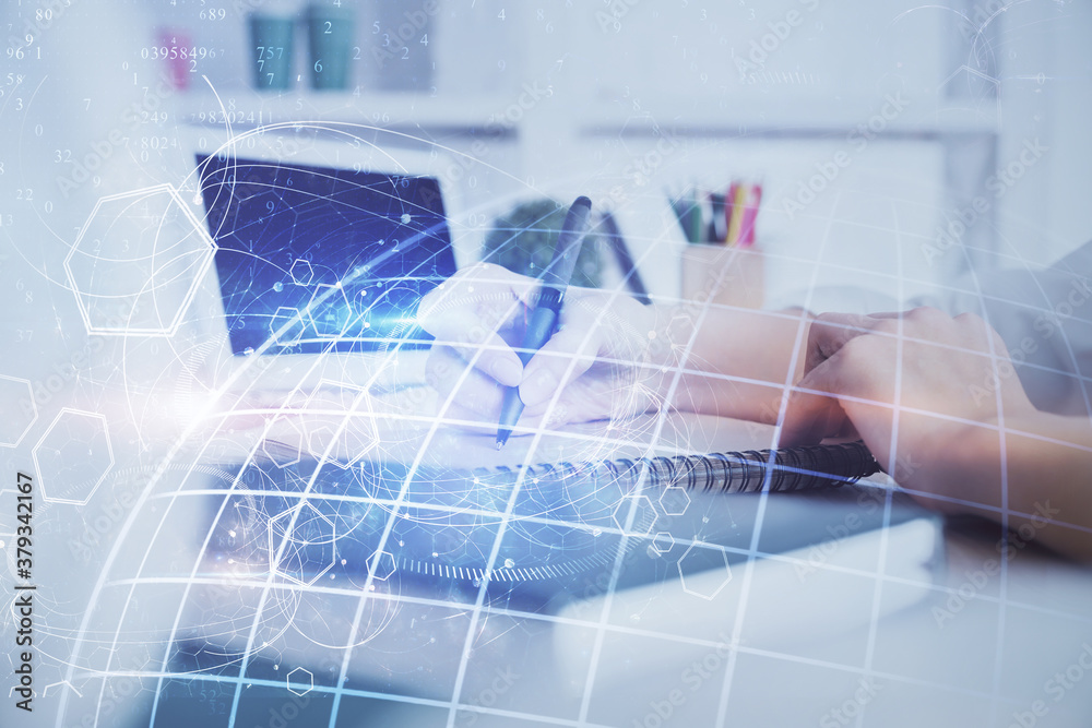 Double exposure of hands making notes with world map hologram and data theme icons. Concept of international network data. Double exposure of hands making notes with world map hologram and data theme icons. Concept of international network data.