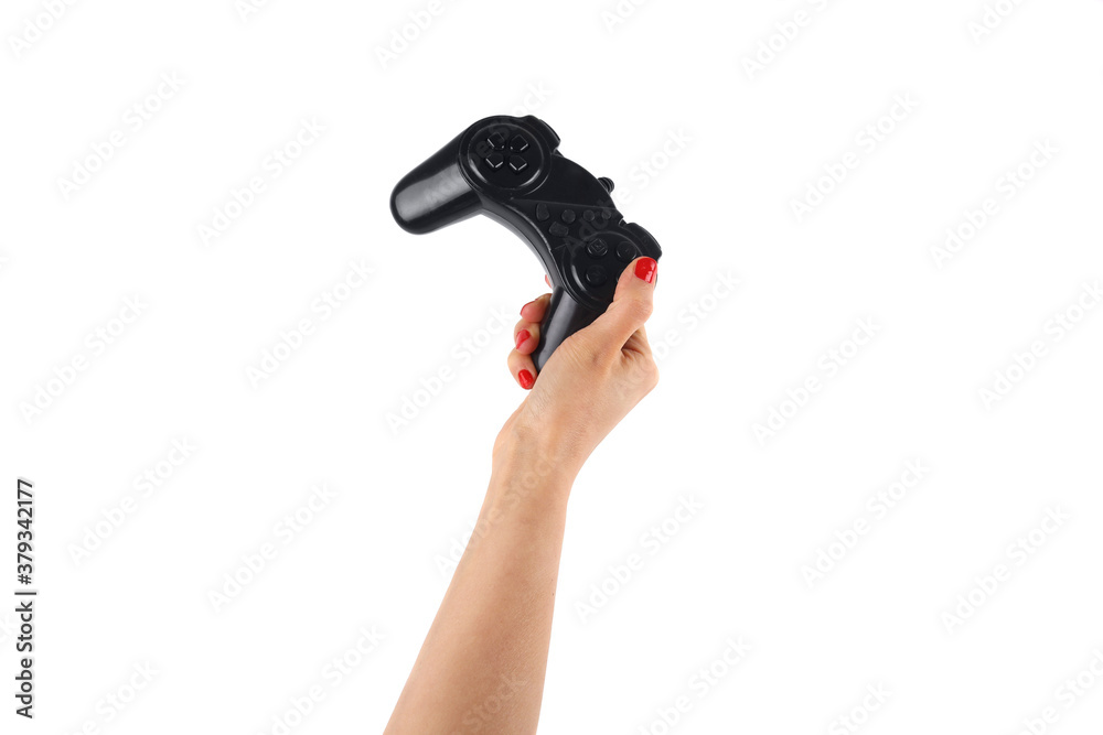 hand holding joystick on white background hand holding joystick on white background