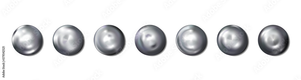 Realistic Construction rivets heads metal set isolated on white background. Shiny caps. In surface top view of wide a hats metalwares. Vector illustration