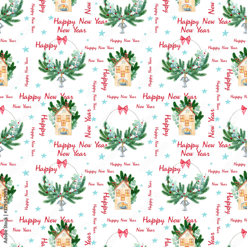 Watercolor Christmas pattern with cute New Year houses, wreaths and Christmas decorations. Seamless background on a Christmas theme with inscriptions. Design for textiles, wrapping paper and postcards