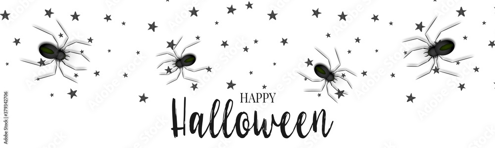 Halloween banner template. Realistic black spiders. Trick or treat party invitation card. Vector illustration.