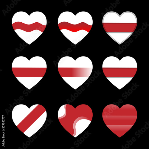 Set of white and red hearts. Belarus revolution symbols. Vector decorative elements for posters, banners, stickers