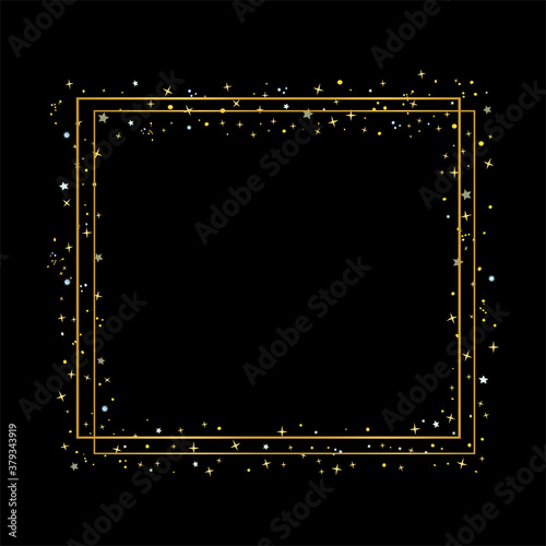 Beautiful golden frame with sparkles and yellow and blue stars isolated on the black background. Vector illustration