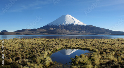 Lauca Nationalpark Parinacota Vulkan mit Lago Chungará photo