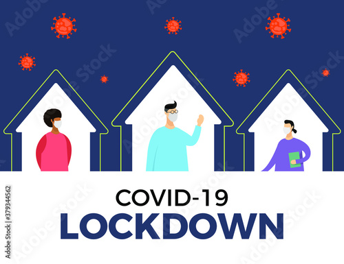 Self quarantine or lockdown concept. male with mask stay at home while virus surrounding him. vector illustration. covid-19 pandemic. Novel Coronavirus outbreak.