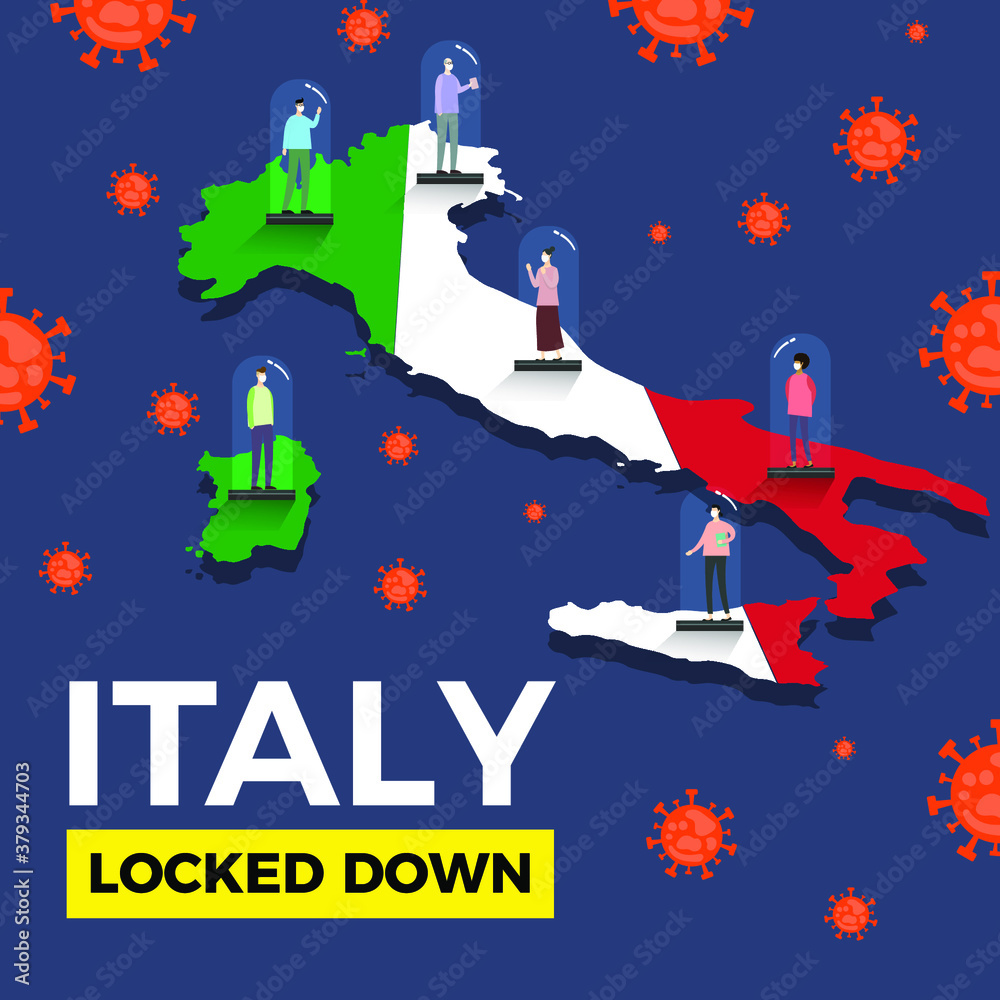 People quarantined in Italy due to Novel Coronavirus covid-19 outbreak. vector illustration concept. 