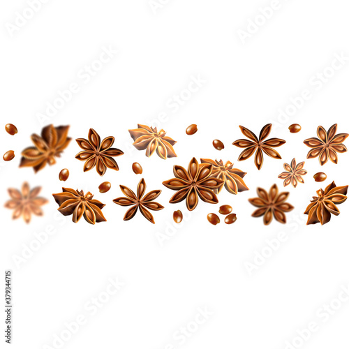 Seamless star anise border. Quality realistic vector, 3d illustration