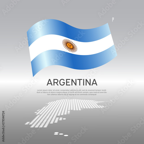 Argentina wavy flag and mosaic map on light background. Creative background for the national argentine poster. Vector tricolor design. Business booklet. State argentine patriotic banner, flyer