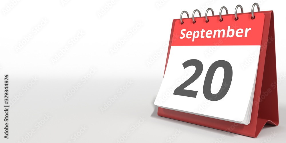 September 20 date on the flip calendar page, 3d rendering September 20 date on the flip calendar page, 3d rendering