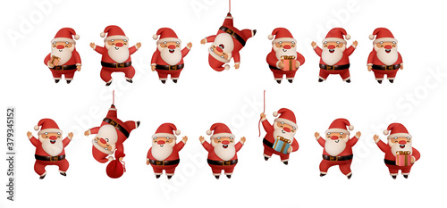 Set of Happy Santa Claus in red clothes. Realistic 3d character compatible doodle emoji elements on face. Collection objects Isolated on white background for Xmas festive design. Vector illustration