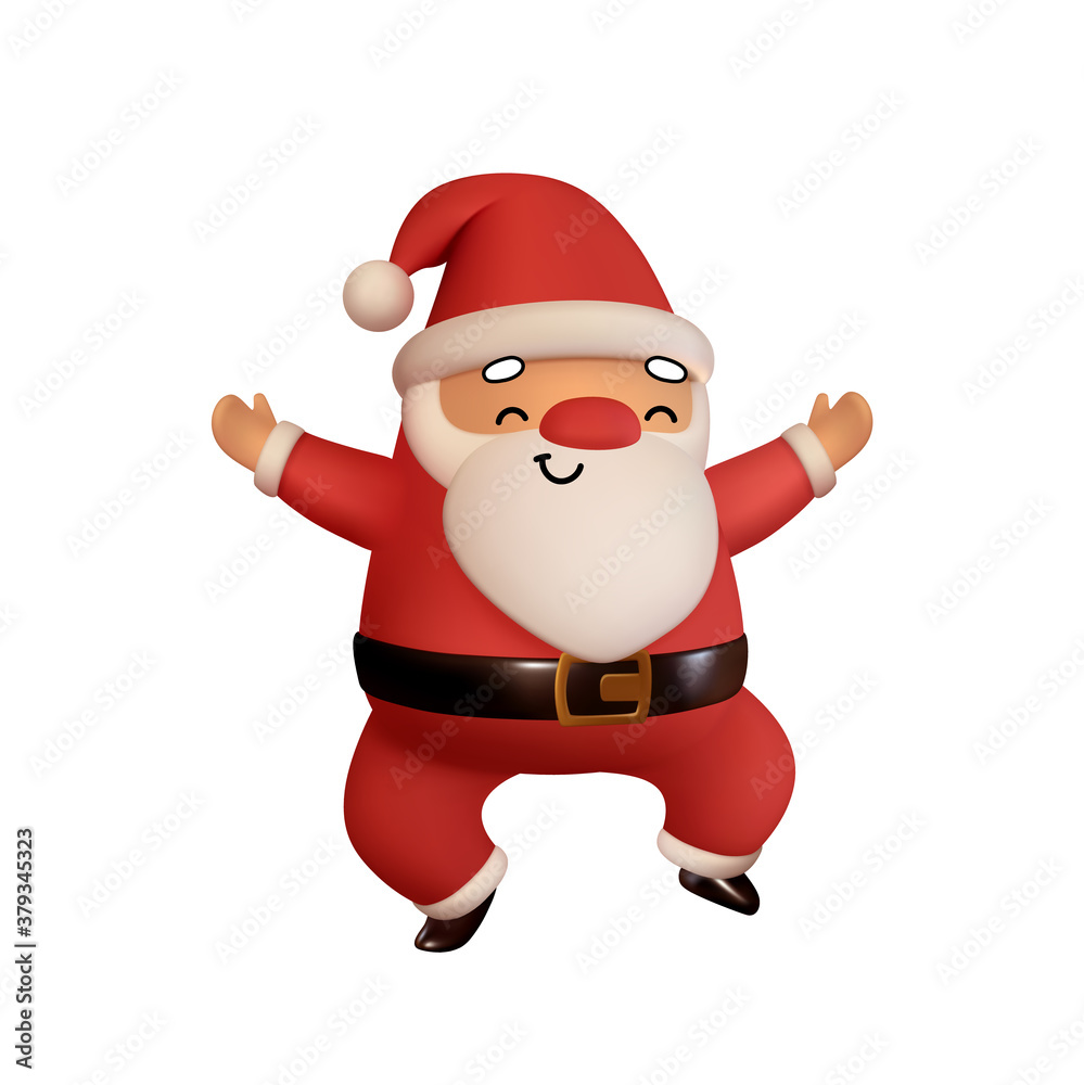 Happy Santa Claus in red clothes is jumping. Realistic 3d character compatible doodle emoji elements on face. Isolated on white background for Xmas festive design. Vector illustration Happy Santa Claus in red clothes is jumping. Realistic 3d character compatible doodle emoji elements on face. Isolated on white background for Xmas festive design. Vector illustration