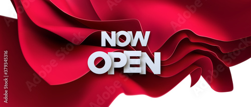 Now Open white sign on red fabric background. Vector 3d illustration. White paper letters label with flowing silky textile. Open business concept. Store badge