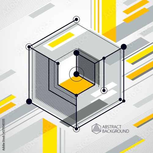 Trendy geometric vector pattern, textured abstract cube mesh yellow background. Technical plan, abstract engineering draft for use in graphic and web design.