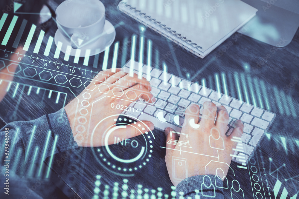 Technology theme hologram with man working on computer on background. High tech concept. Multi exposure. Technology theme hologram with man working on computer on background. High tech concept. Multi exposure.