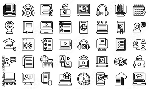 Online training icons set. Outline set of online training vector icons for web design isolated on white background