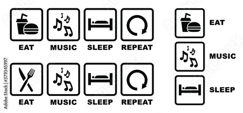 Quote Eat play sleep repeat sign or karaoke singer icons Games sleeps and eat Funny vector game symbol icon Happy weekend sports signs Set playing music, musical notes Slogan live party sound online