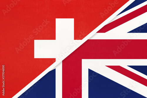 Switzerland and UK, symbol of national flags from textile. Championship between two countries.