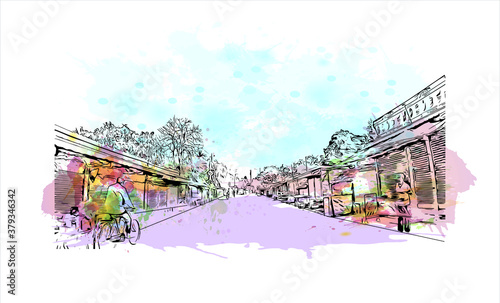 Building view with landmark of Barrackpore is a city in the West Bengal state of India. Watercolor splash with hand drawn sketch illustration in vector.
