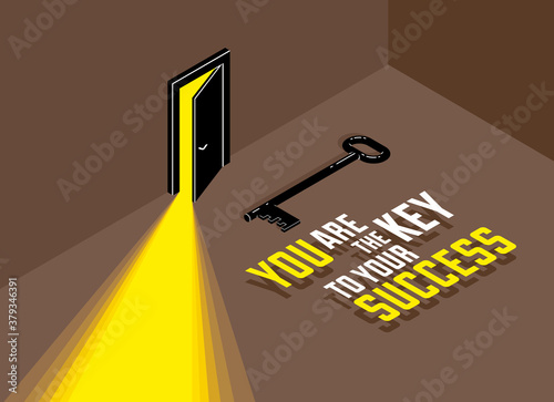 The key to success vector conceptual illustration with half open door giving light to dark place and key, new opportunities, secret mysterious door.