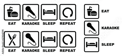 Karaoke slogan Song, play sleep repeat Vector party quotes for banner, card Dance club or dancing singer people with microphone Musical notes Great mood, birthday, holidays concept love ideas Toilet