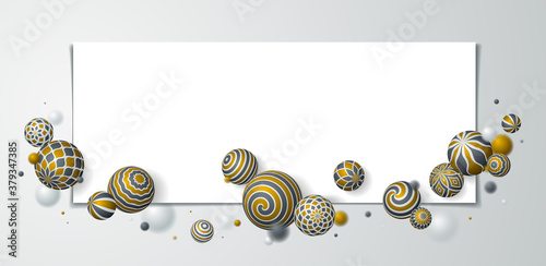 Realistic decorated spheres vector illustration with blank paper sheet, abstract background with beautiful balls with patterns and depth of field effect, 3D globes design concept art.
