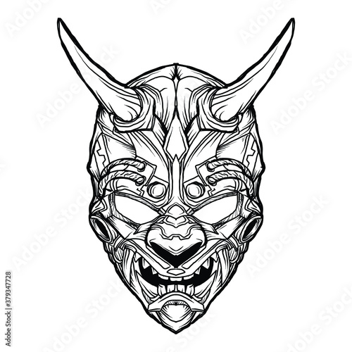 tattoo and t-shirt design black and white hand drawn illustration oni mask robotic head engraving ornament premium vector