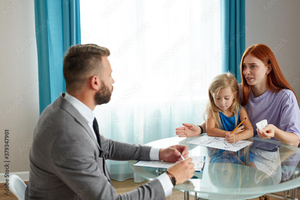 single lonely mother with kid girl and psychologist, husband left his family, went to another mistress. sad depressed redhead woman get support and help by professional therapist