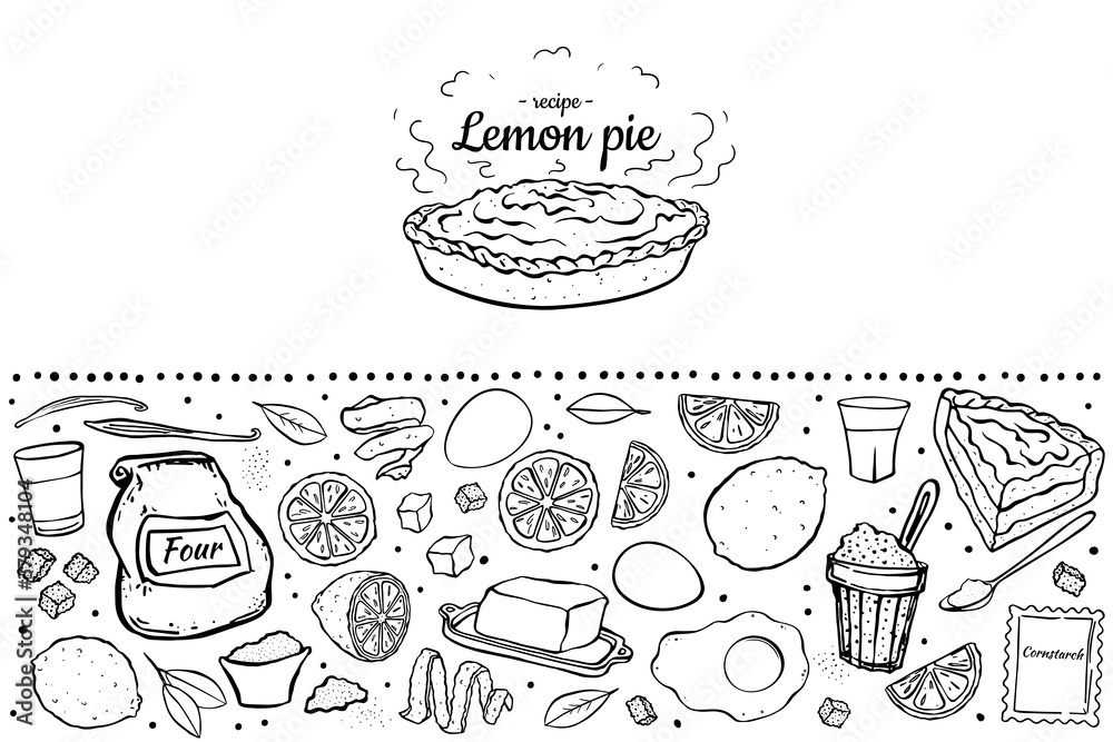 lemon pie and ingredients fruit black outline