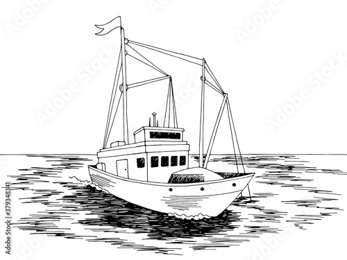 Fishing ship graphic black white sea sketch illustration vector