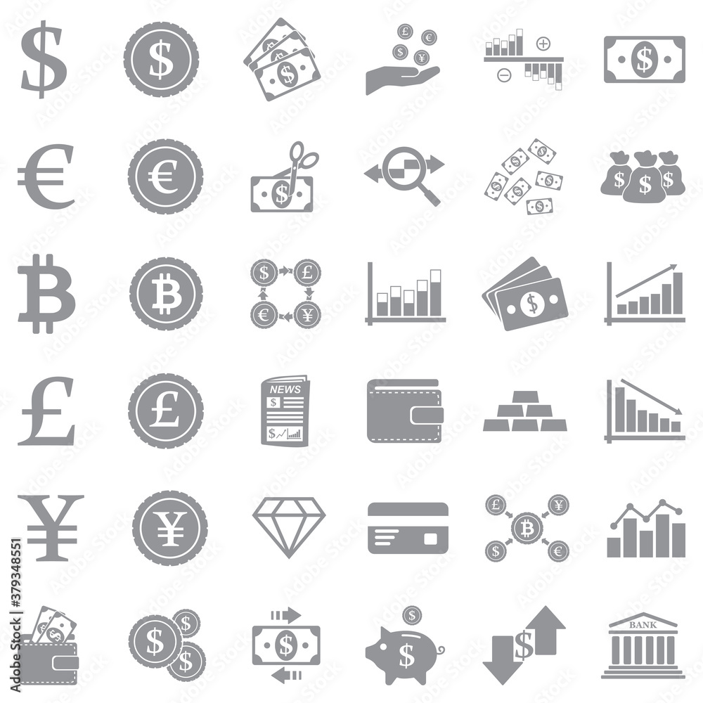 Currency Icons. Gray Flat Design. Vector Illustration. Currency Icons. Gray Flat Design. Vector Illustration.
