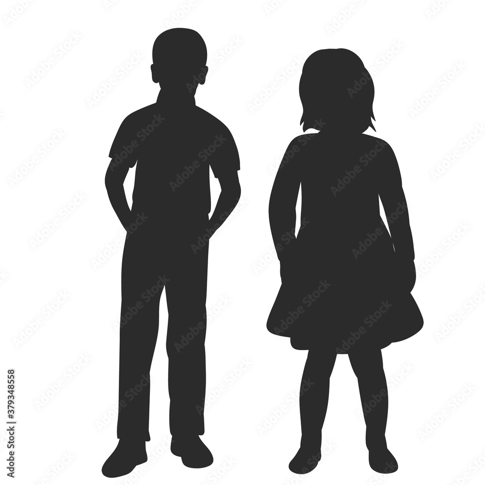 white background, black silhouette, children