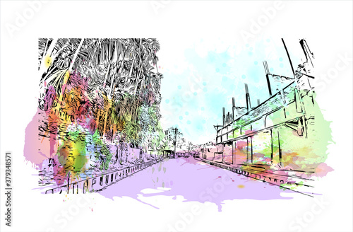 Building view with landmark of Barrackpore is a city in the West Bengal state of India. Watercolor splash with hand drawn sketch illustration in vector.