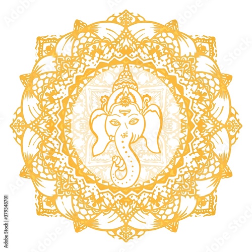 Vector illustration of a golden mandala. The head of the Hindu god Ganesha in a round golden frame. Hinduism, Ayurveda, Yoga and Meditation.
