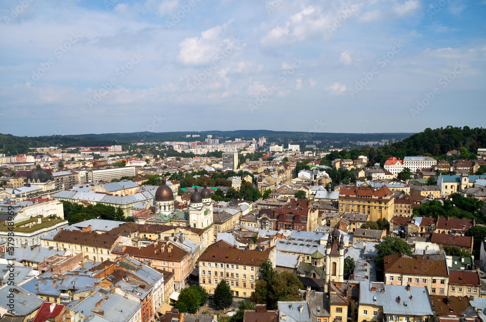 Lviv, Ukraine. Roofs and streets of the old city of Lviv. The central part of the old city. Panorama of the old part of the city.